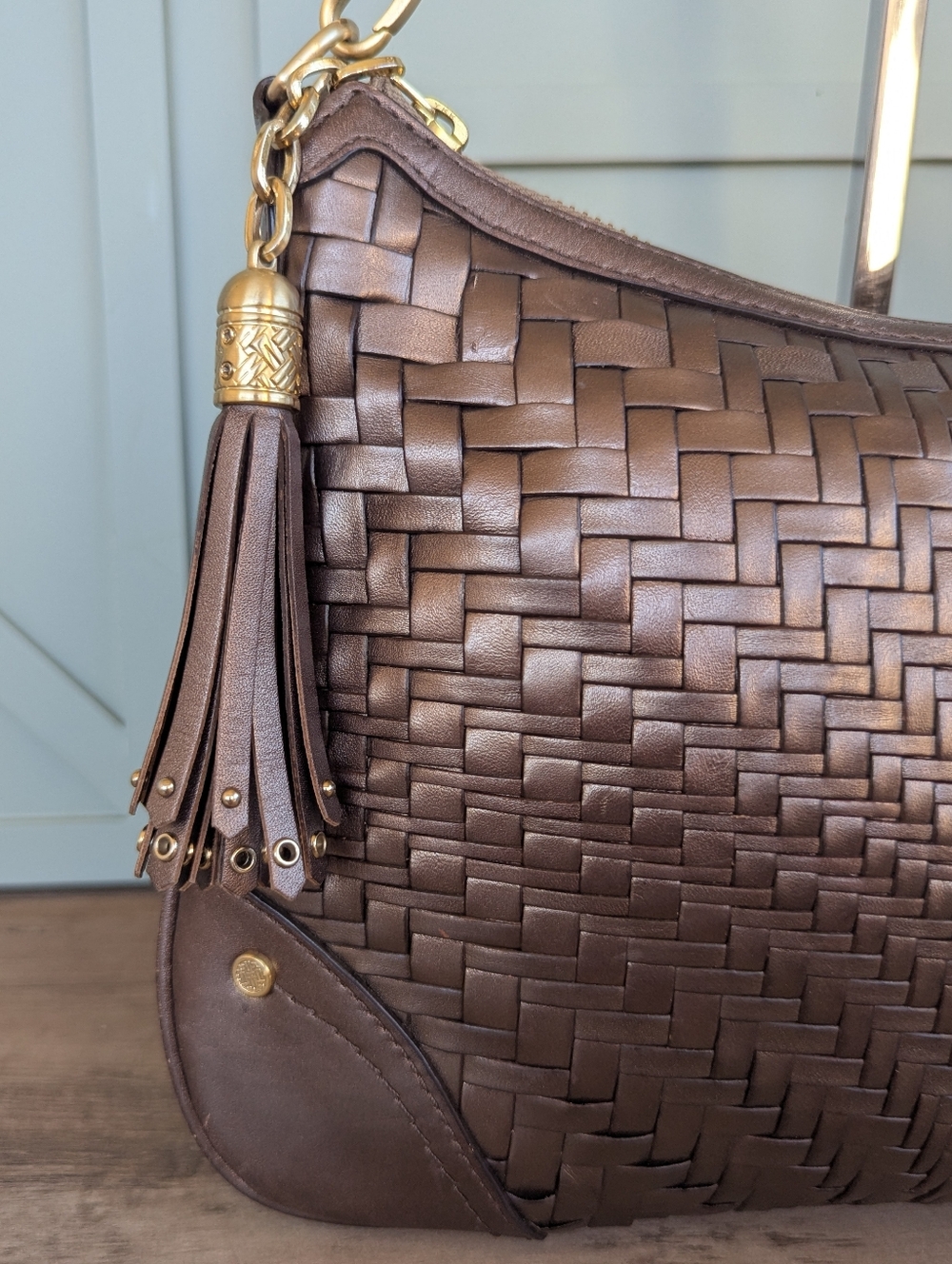 Cole Haan Bronze Woven Leather Shoulder Bag with Gold Chain - Picture 3 of 14